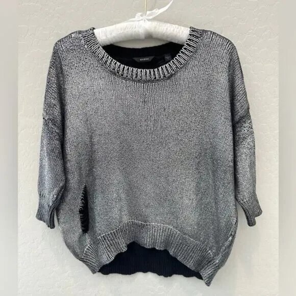 GUESS | Silver Metallic Distressed Sweater Grunge Knit Pullover | Size Small - Picture 1 of 2